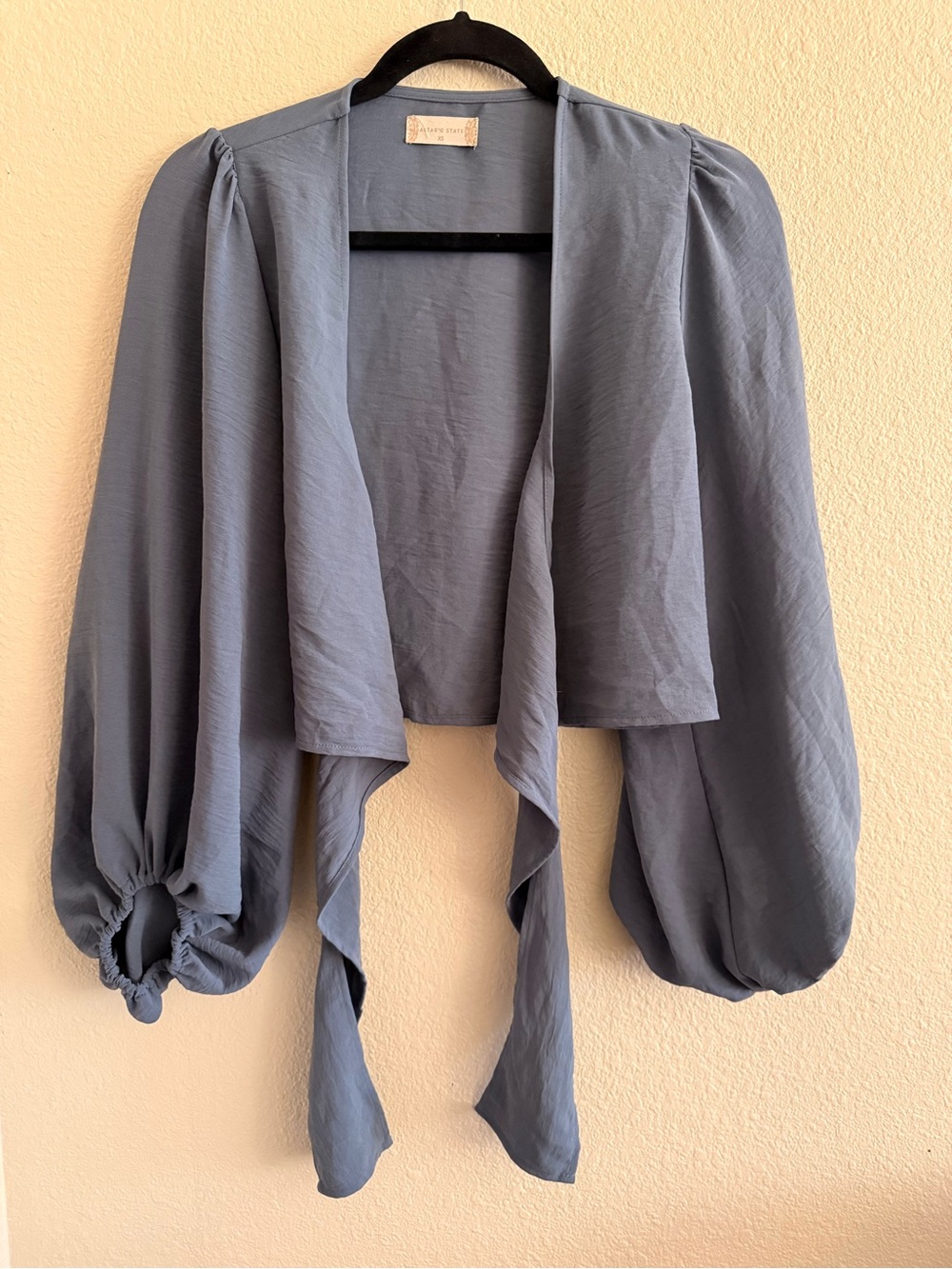 Altar'd State Dusty Blue Puff-Sleeve Cropped Cardigan